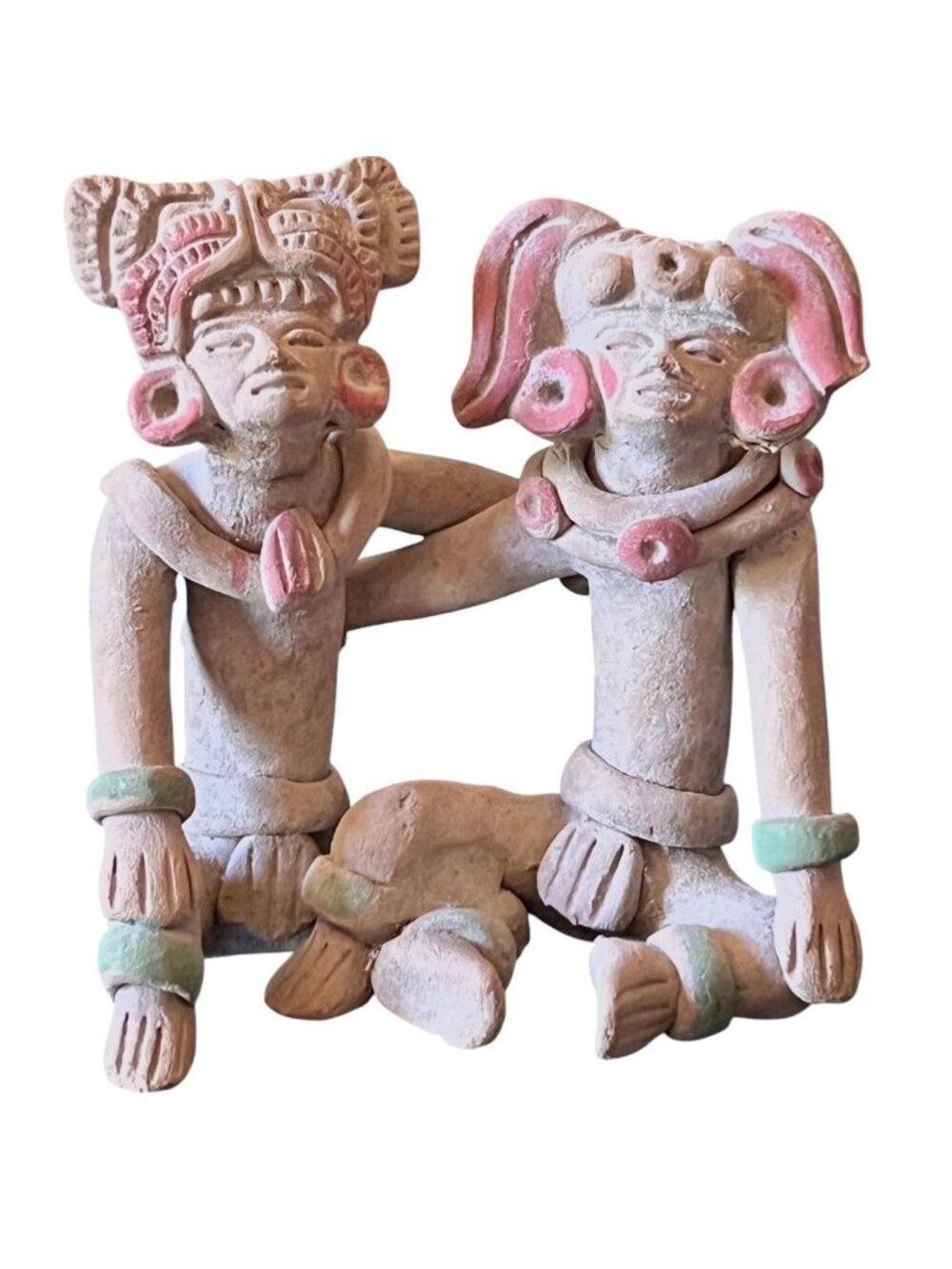 Teotihuacan Ceramic Pre-Columbian Style Figurine Pair Earth Tones & Accents 5" T